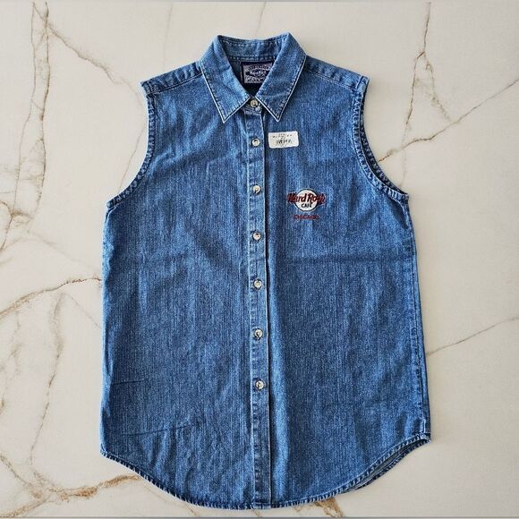 NEW Hard Rock Cafe Sleeveless Denim Shirt Button Front Sz L CHICAGO - Picture 14 of 14